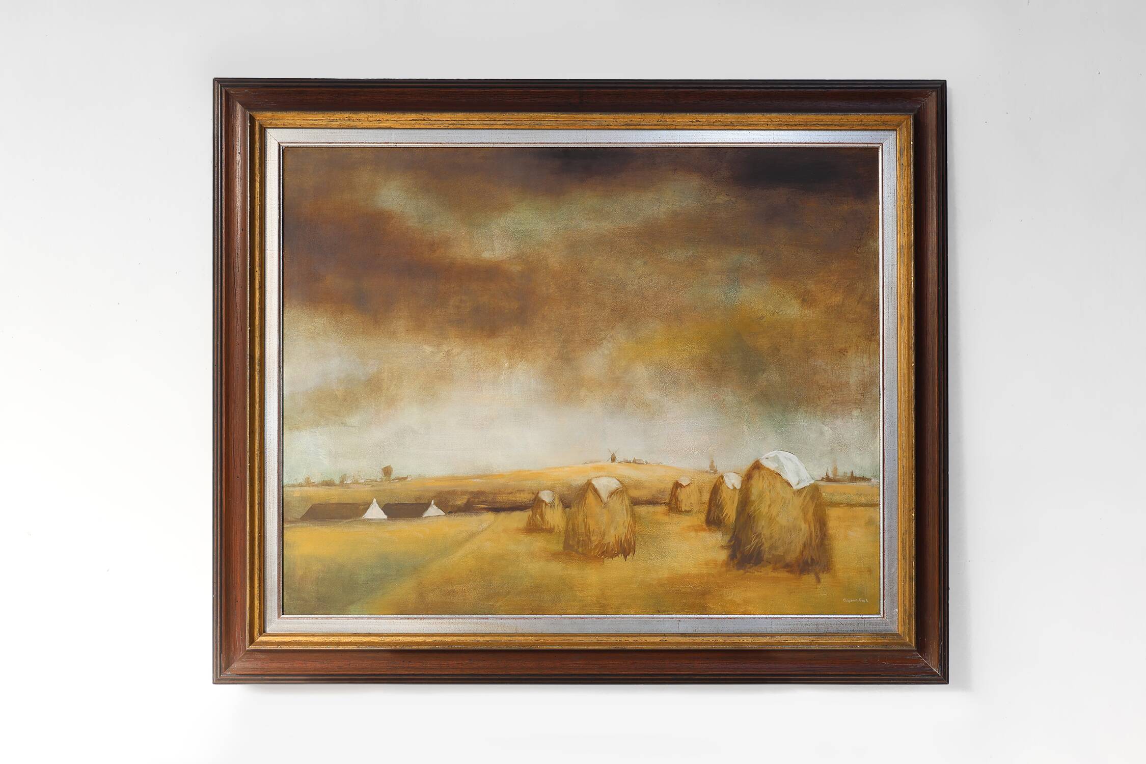 Large signed painting of a hay landscape from the Belgian painter Frank Bog