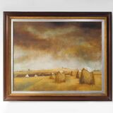 Large signed painting of a hay landscape from the Belgian painter Frank Bog