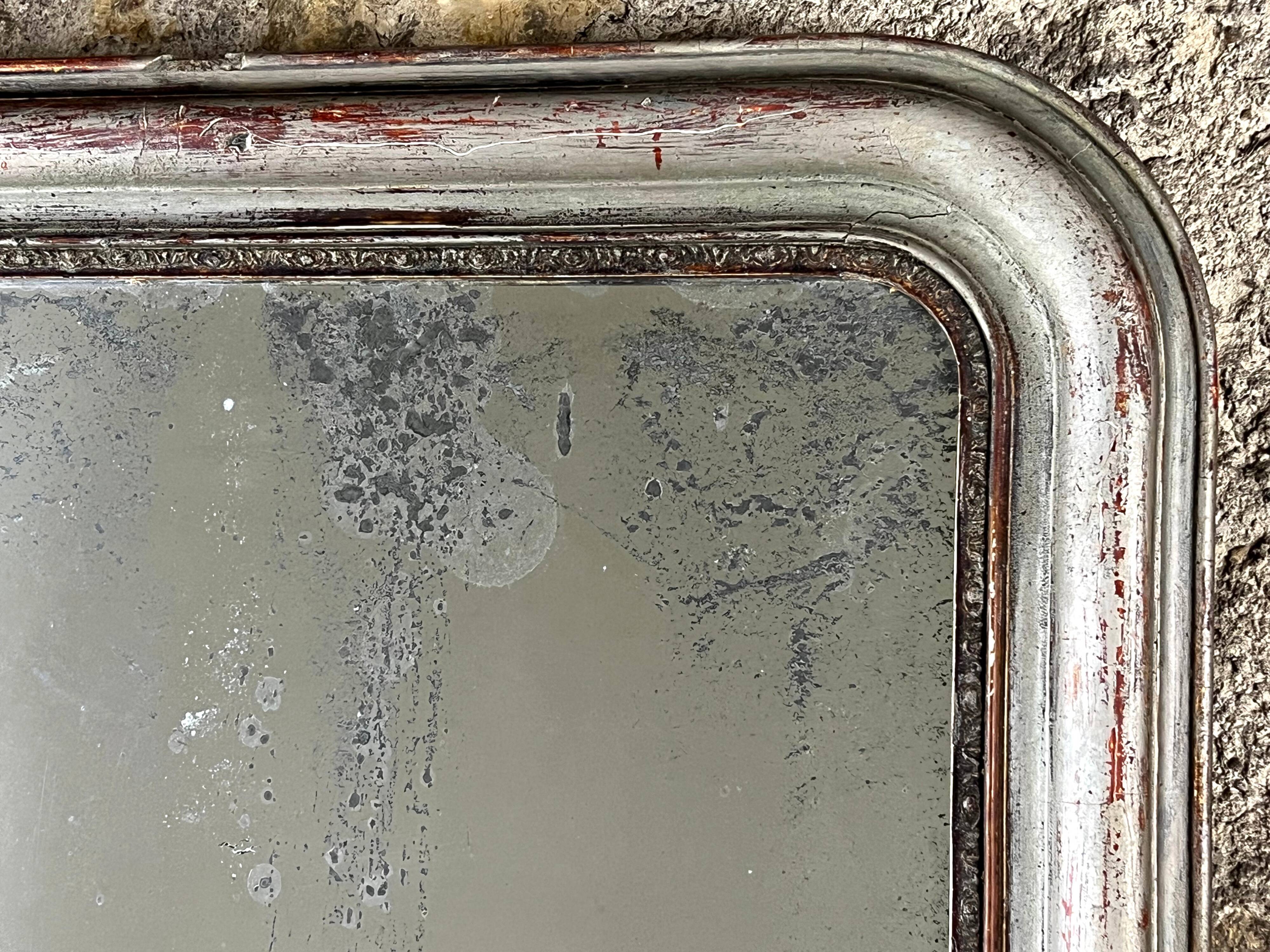 Antique Louis-Philippe Mirror, 19th Century, Shabby Silver Patina