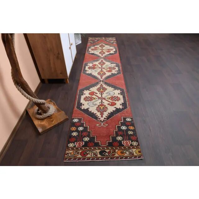 Vintage Turkish Oushak Handmade Wool Cotton Red Runner Rug 73x330