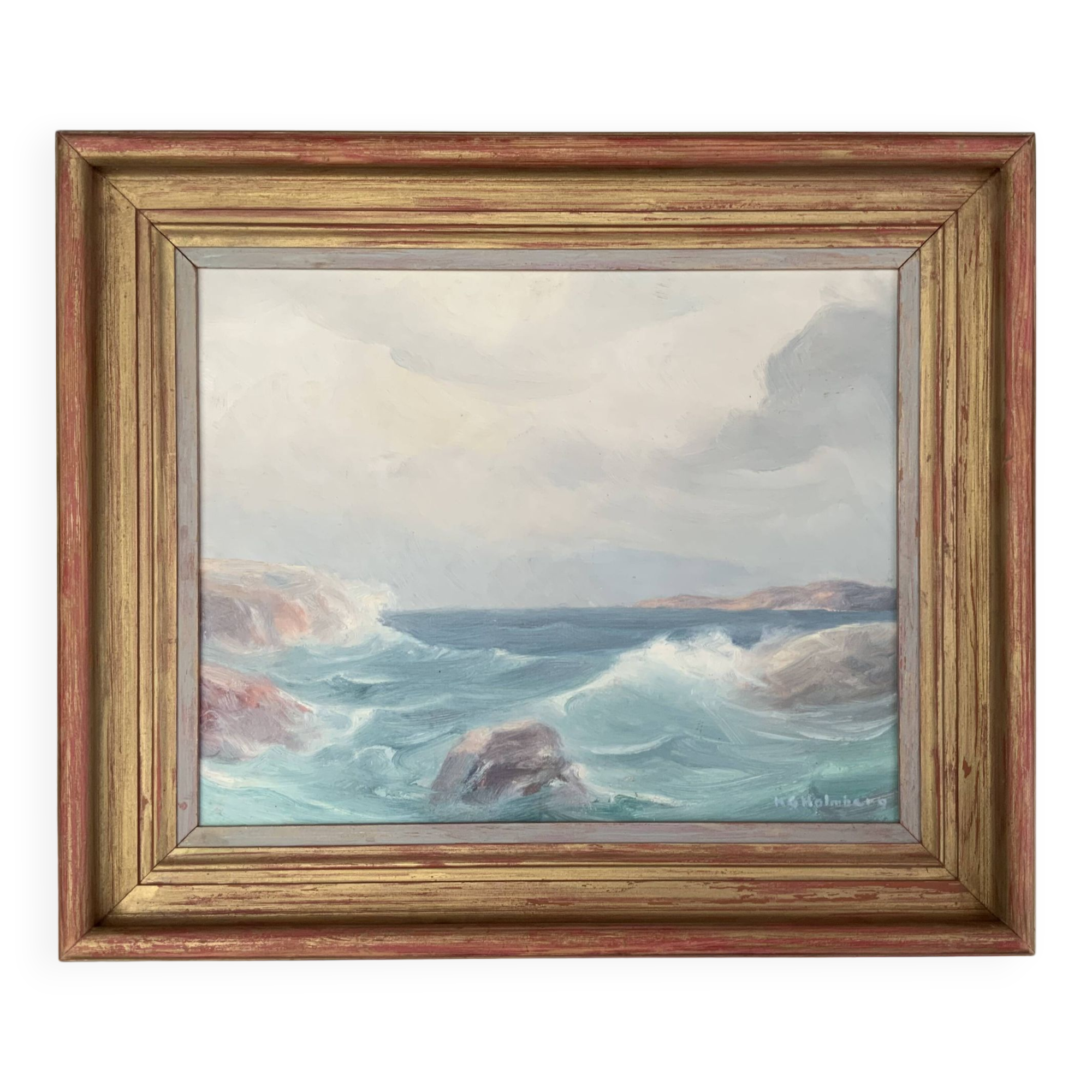 Huile de paysage marin vintage sur carton, signée par Karl Gustav Holmberg 1960