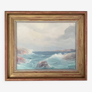 Huile de paysage marin vintage sur carton, signée par Karl Gustav Holmberg 1960