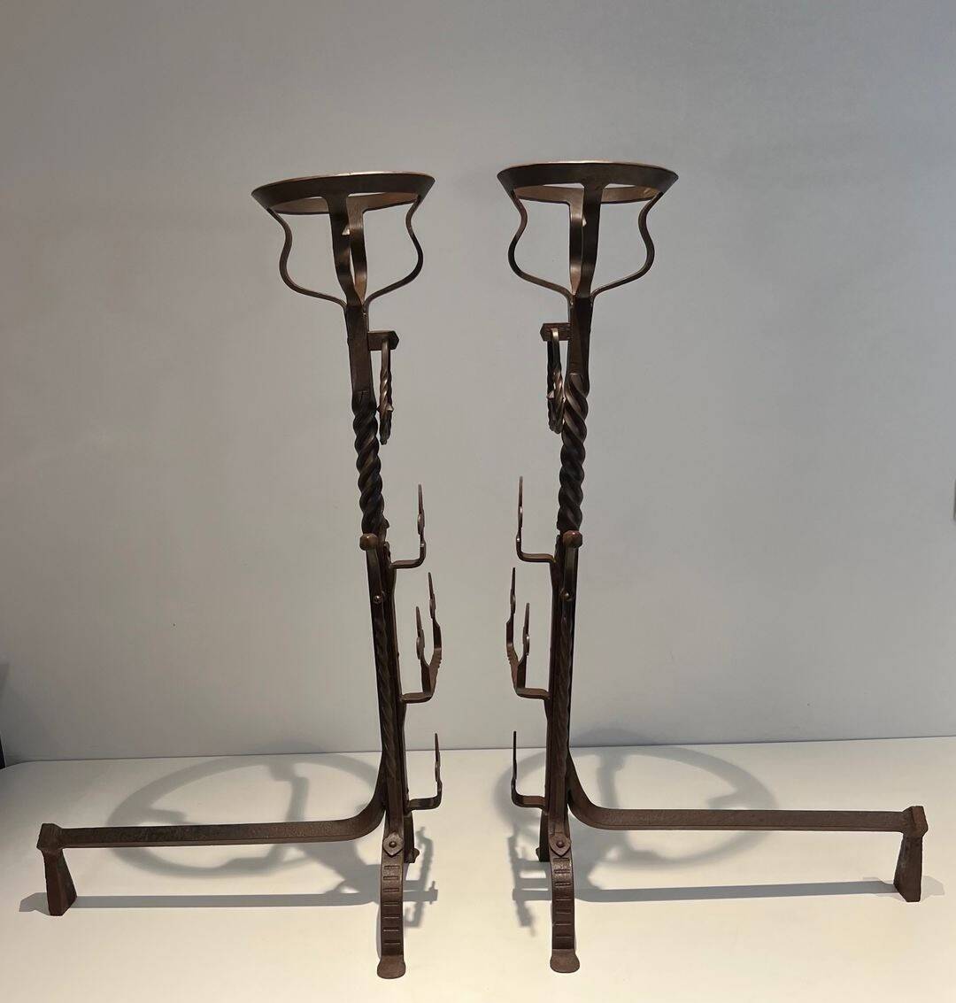 Important Pair of Gothic Wrought Iron Andirons with Fleur-de-Lis
