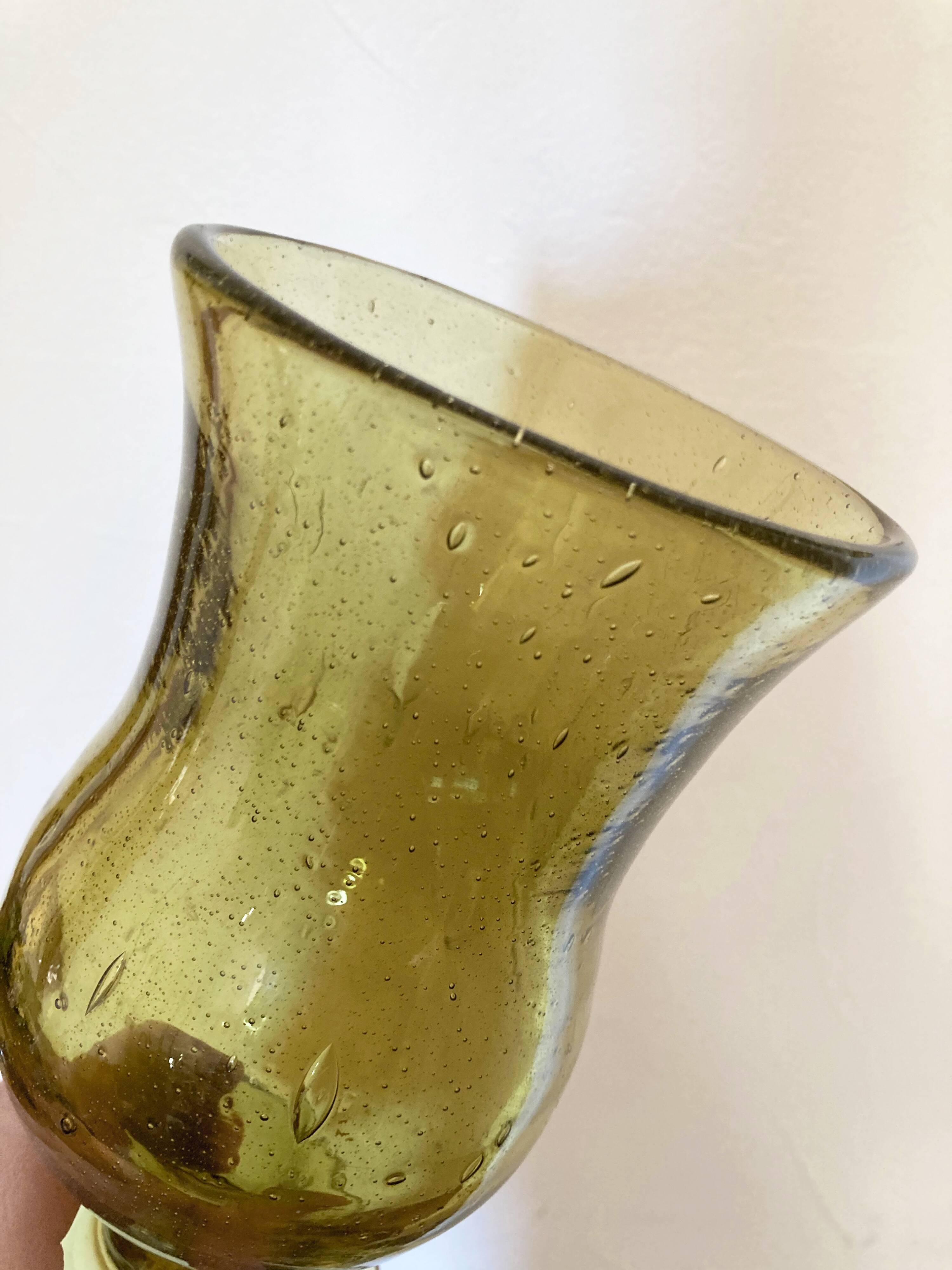 Bubbled glass vase, Biot style, moss green