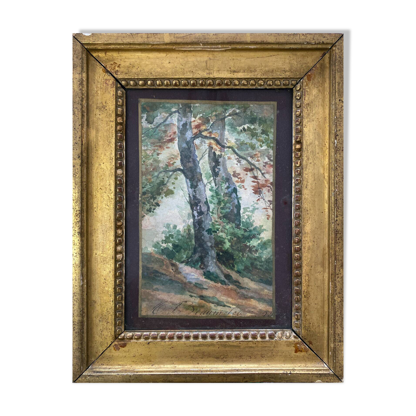 19th century watercolor painting "Trees" signed + period frame and glass