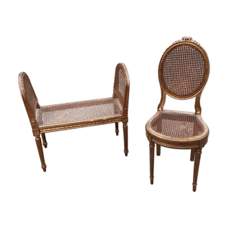 Chaise et banc canné de salon de musique XIXème