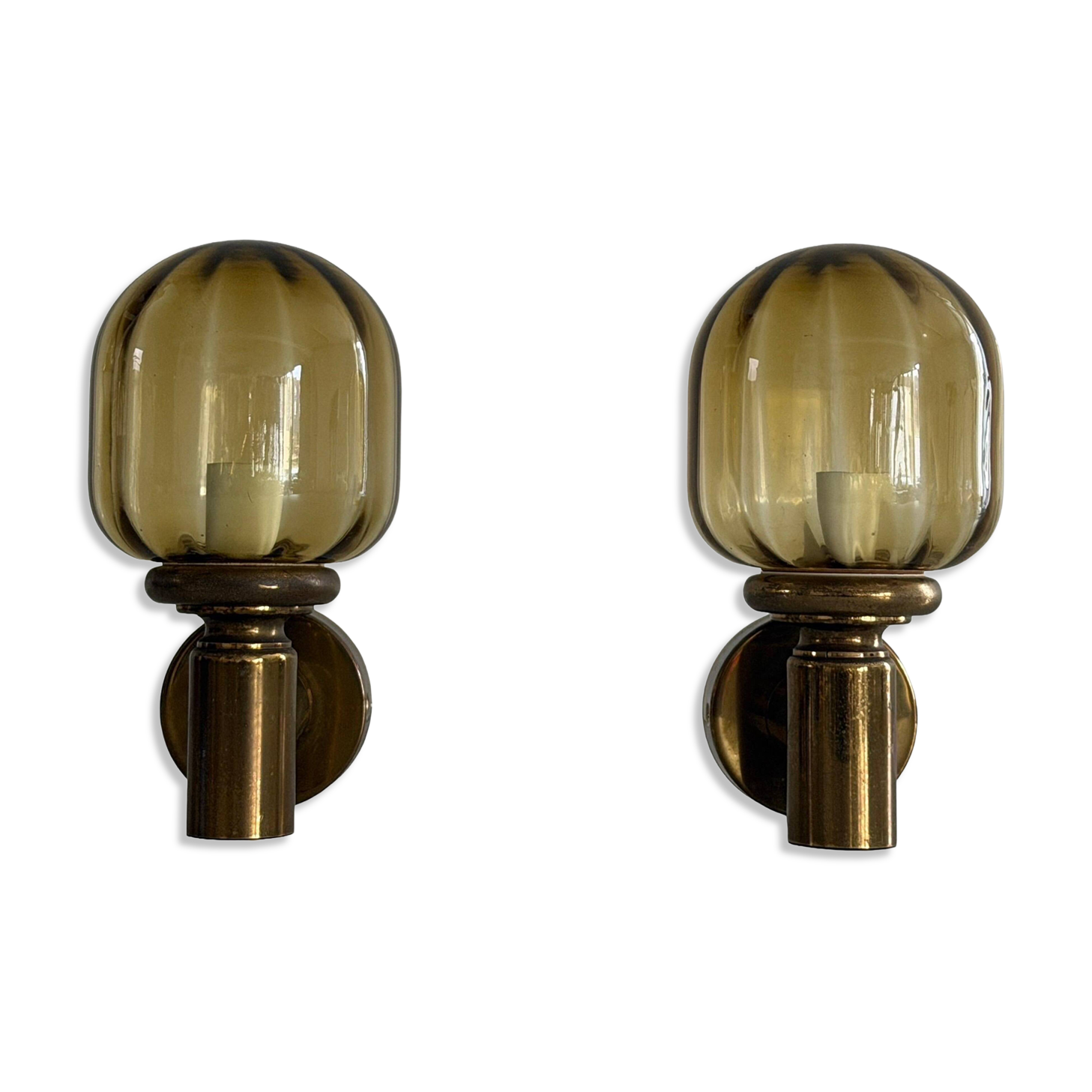 Pair of yellow glass and brass wall lights from the mid-century by N Leuchten, 1960s, Germany.
