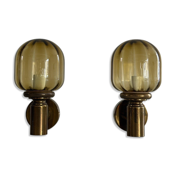 Paire d'appliques en verre jaune et laiton du milieu du siècle par N Leuchten, années 1960, Allemagne