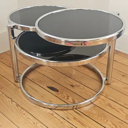 Vintage coffee table with 3 levels and rotating trays in chrome metal and smoked glass - Space Age 1970s.