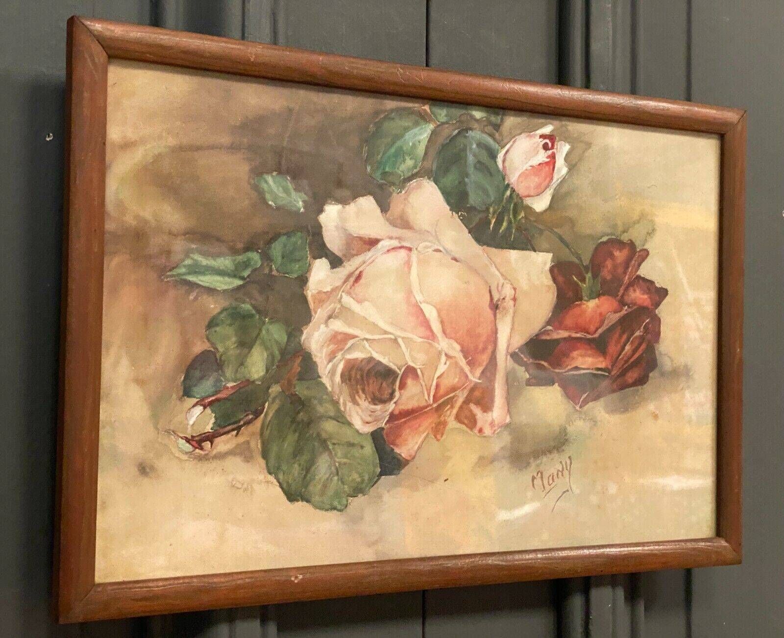 Watercolor by Many still life bouquet of roses early 20th century