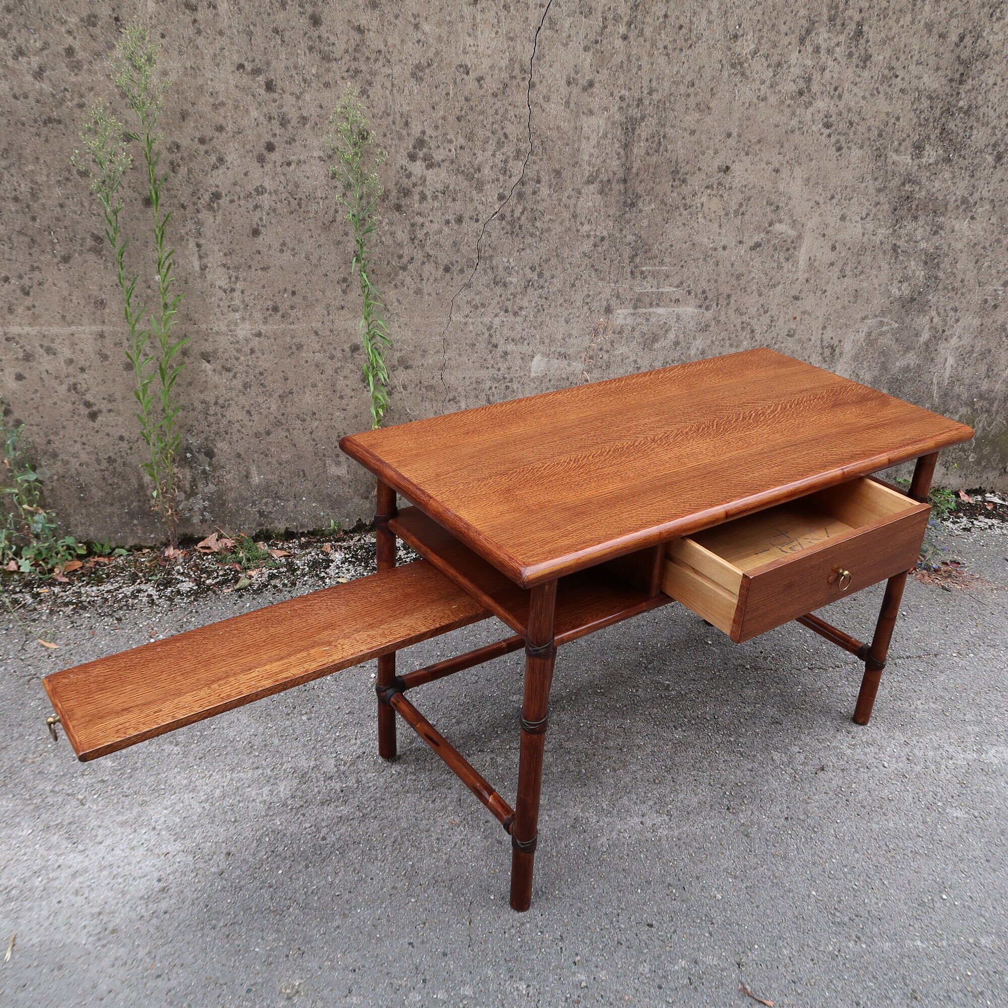 Bamboo and wooden desk with right side shelf on slide by Mc Guire 120x60