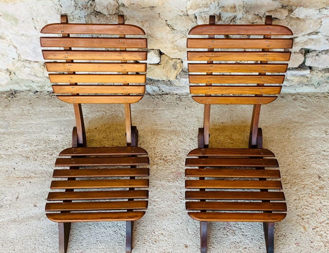Pair of vintage folding chairs with slats, 1950-1960