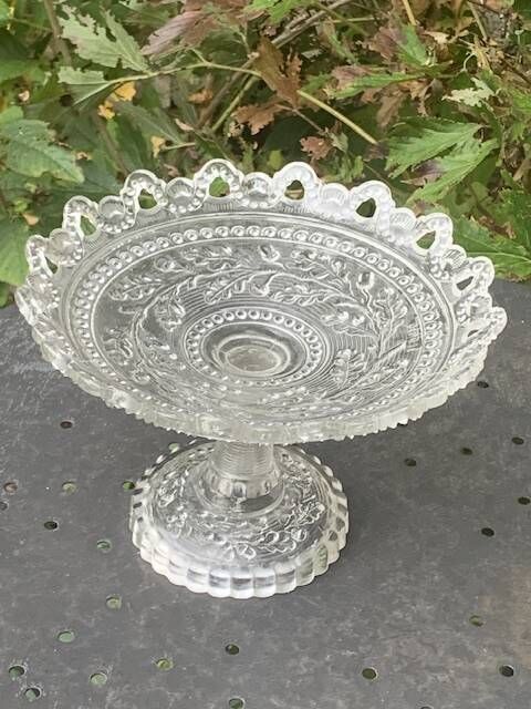 Glass bowl, vintage oak leaf pattern compote dish.