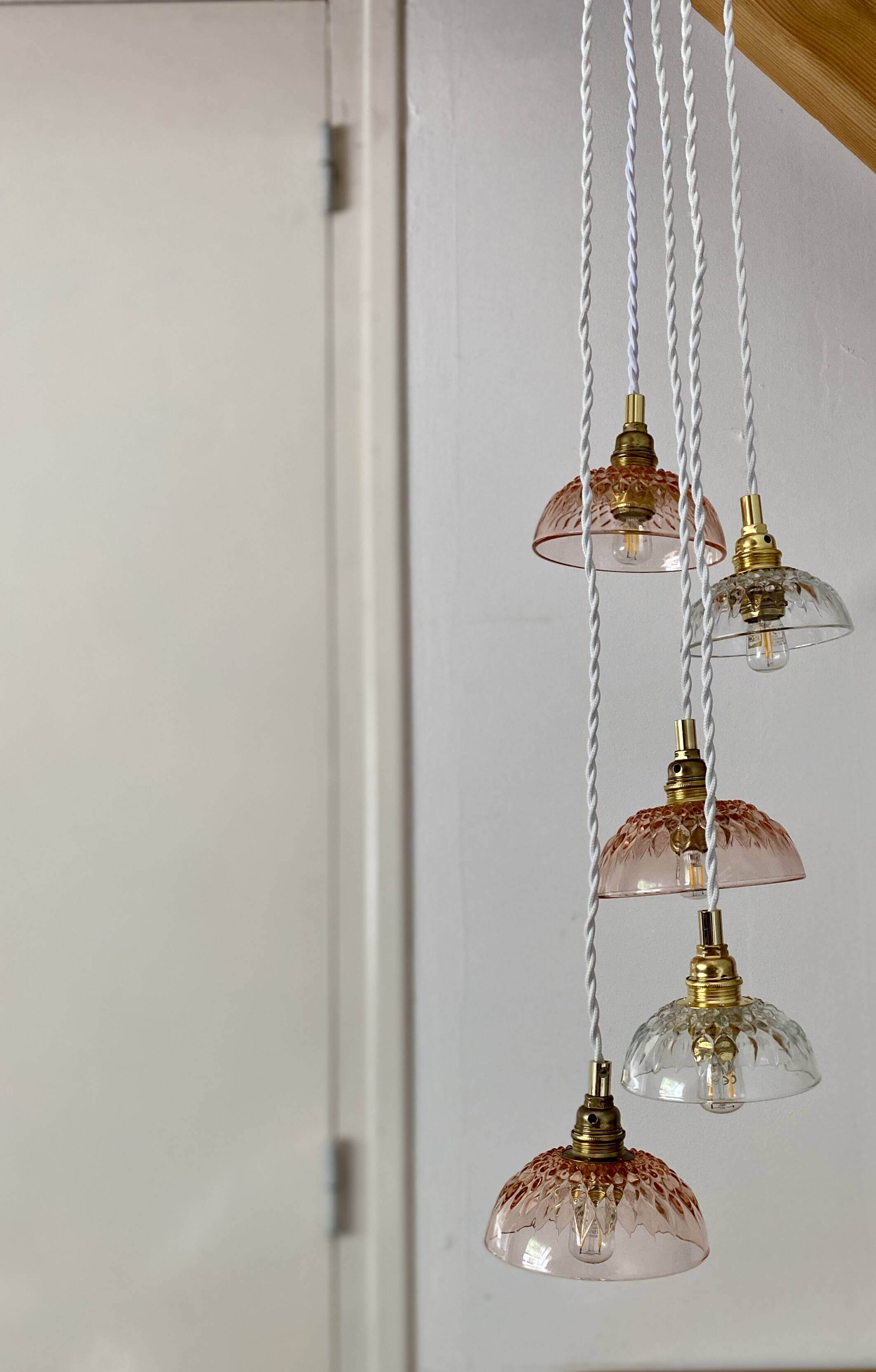 5-light waterfall pendant light with vintage pink and transparent glass shades