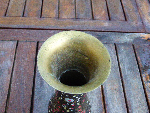 Metal brass, painted and carved vase, with a Peacock, vintage