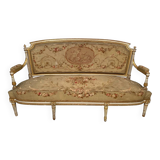 Louis XVI style bench in white and gold lacquered wood, upholstered with tapestry