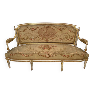 Louis XVI style bench in white and gold lacquered wood, upholstered with tapestry