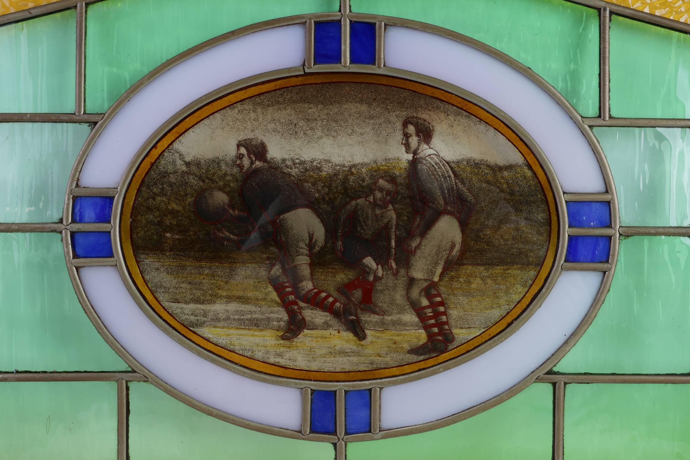 Art Deco Stained Glass Panel Depicting Early Football Scene, Belgium ca. 19