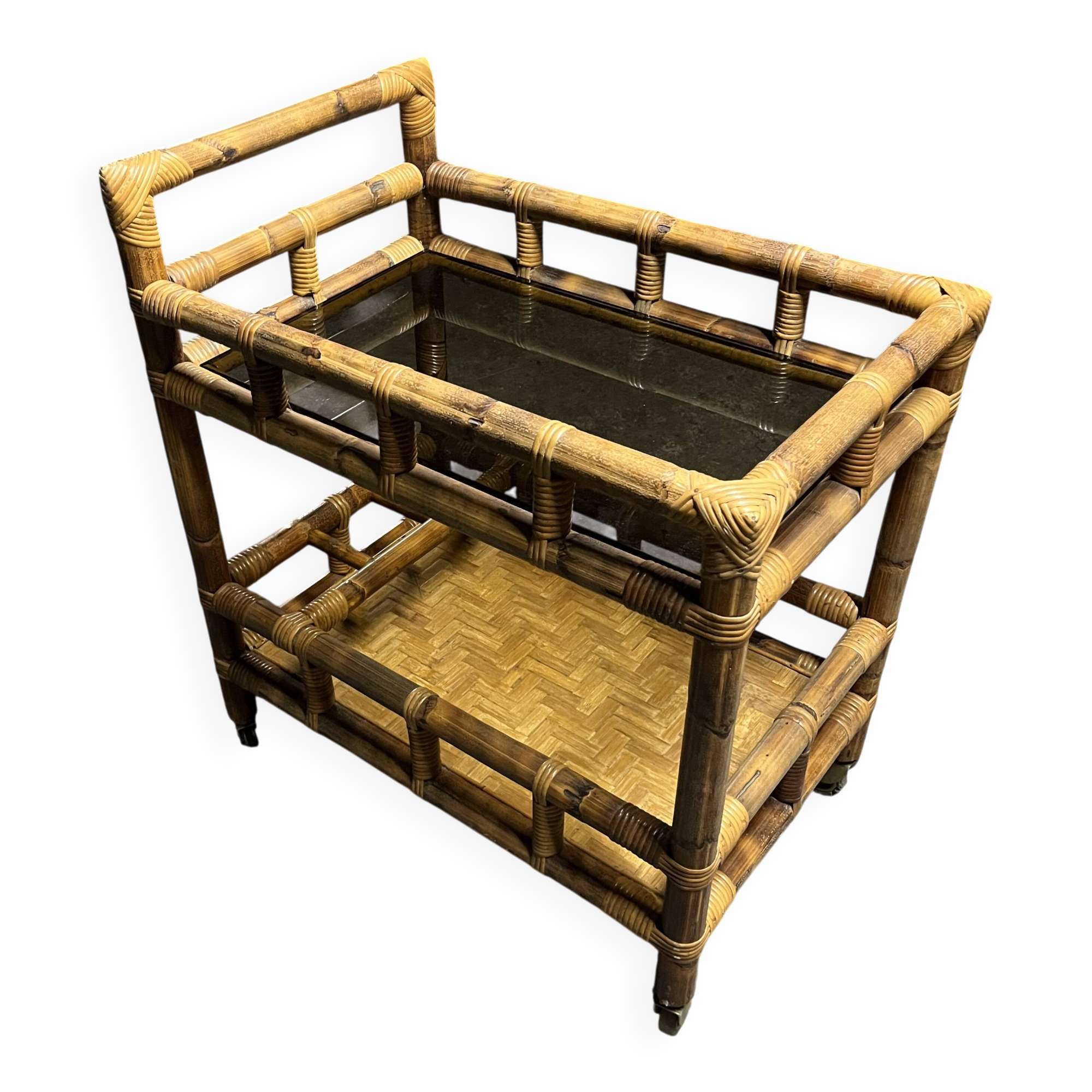 Vintage 1950s bamboo trolley or serving cart.