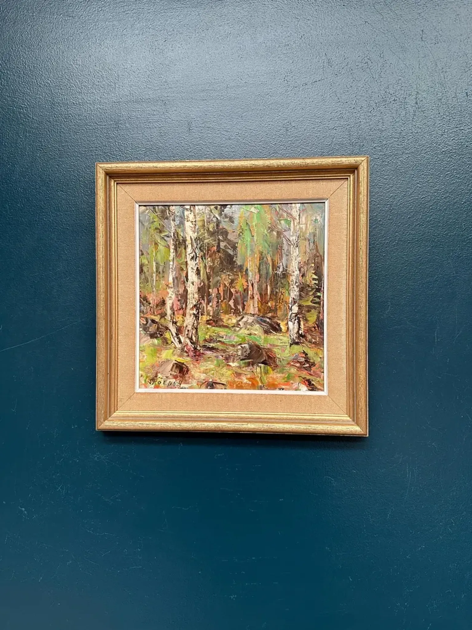 Original Swedish Oil on Canvas – “Birch Forest” by John Sköld – Signed – Dated 1954 – Framed – 40 × 40 cm