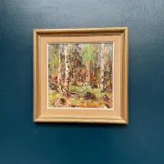 Original Swedish Oil on Canvas – “Birch Forest” by John Sköld – Signed – Dated 1954 – Framed – 40 × 40 cm