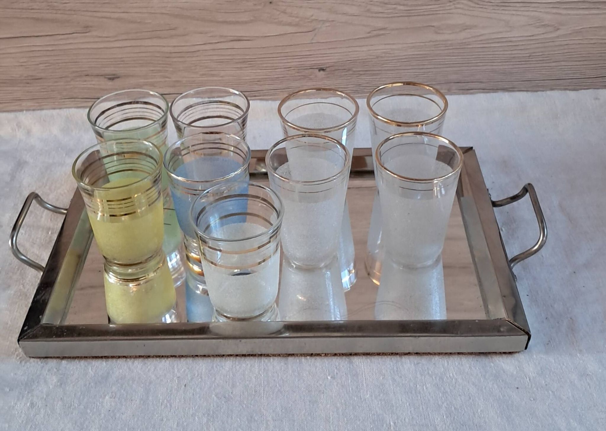Vintage liqueur service from the 50s/60s — Decanter, 9 pastel glasses & tray