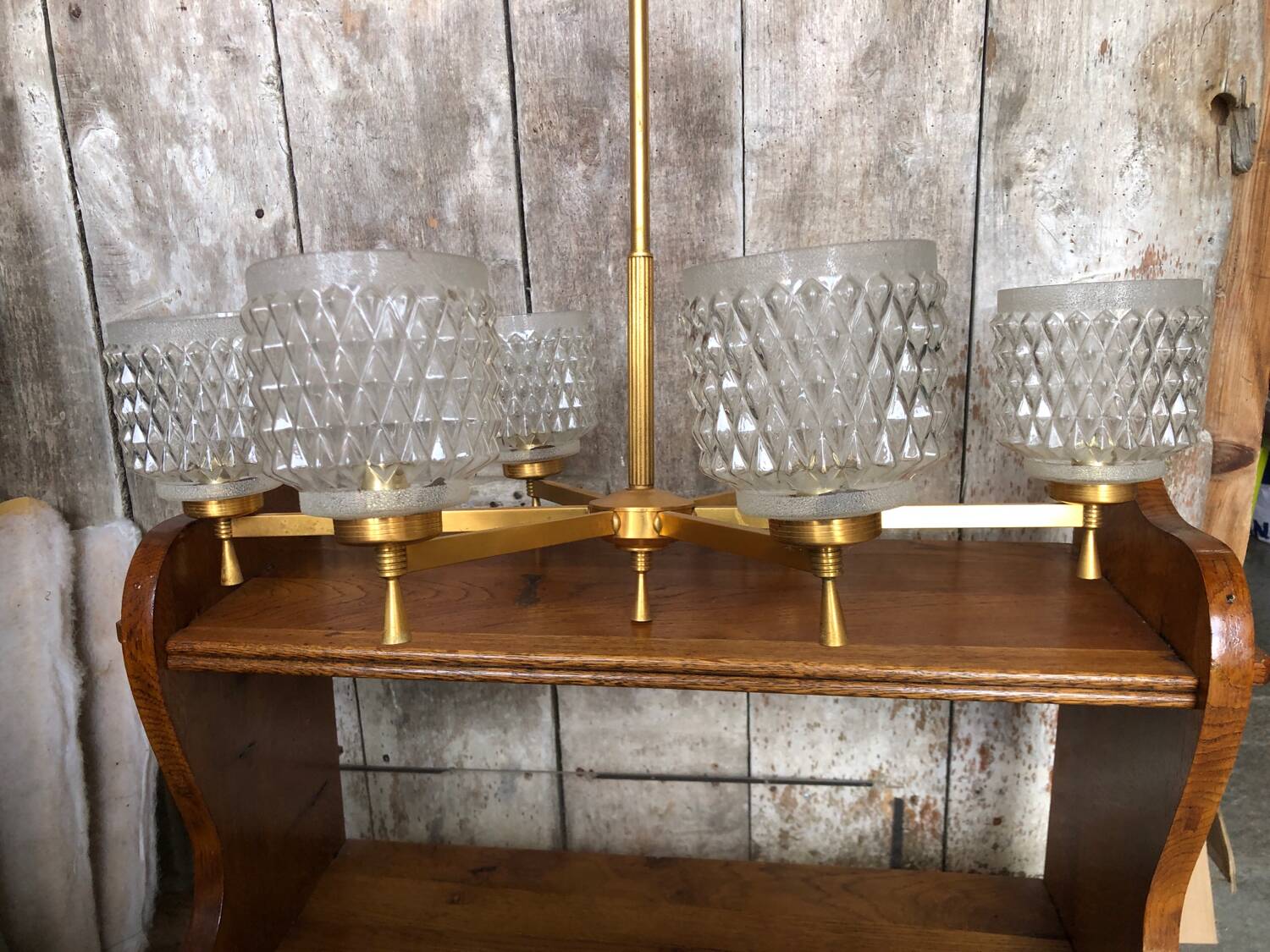Old Chandelier 6 Lights Golden Metal + Molded Glass Reflector