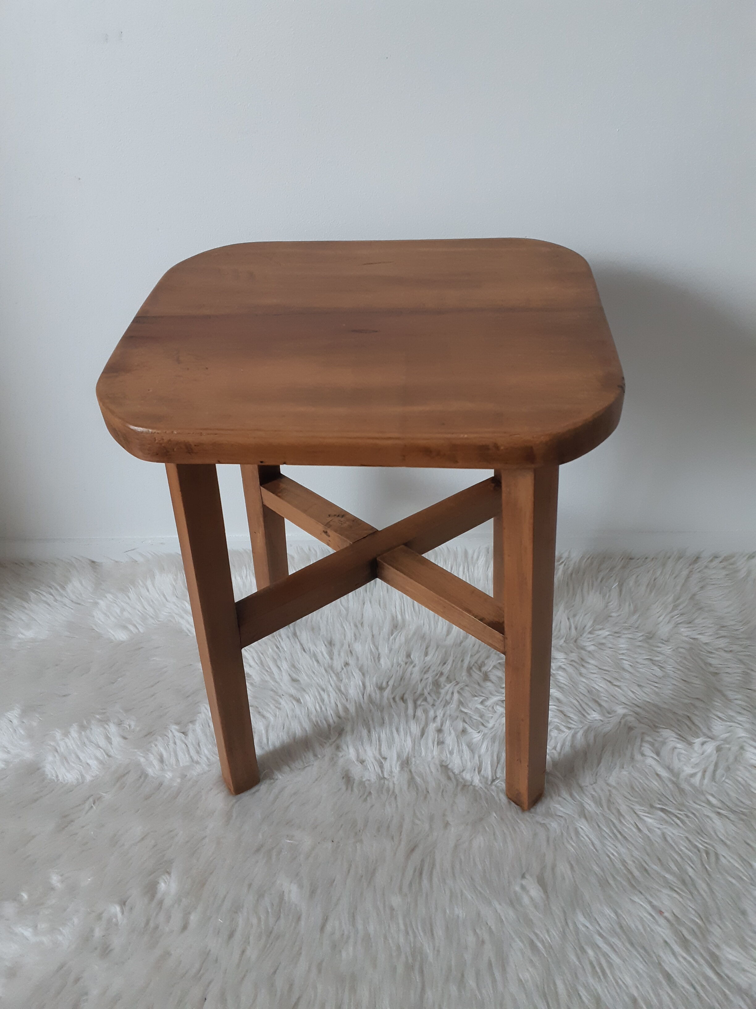 Antique waxed wood stool, side table, vintage seat, farmhouse stool