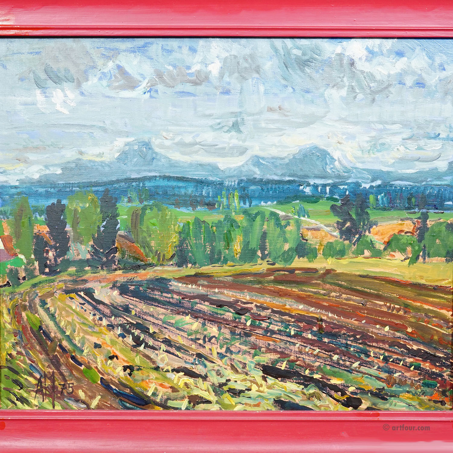 Oil painting by Alexander Michael depicting a landscape with a field, 1975.