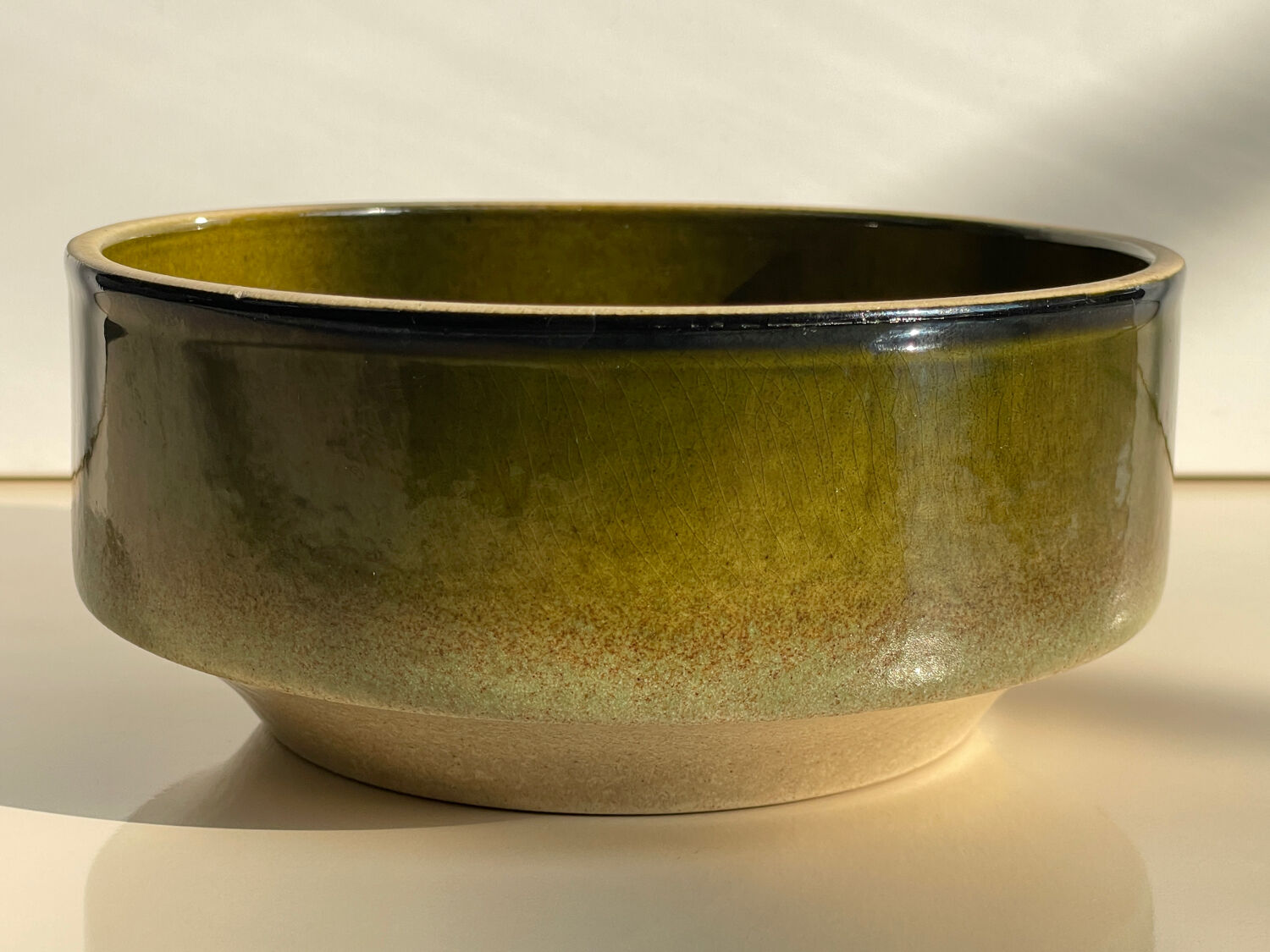 Large vintage ceramic bowl in olive green enamel - 1970s