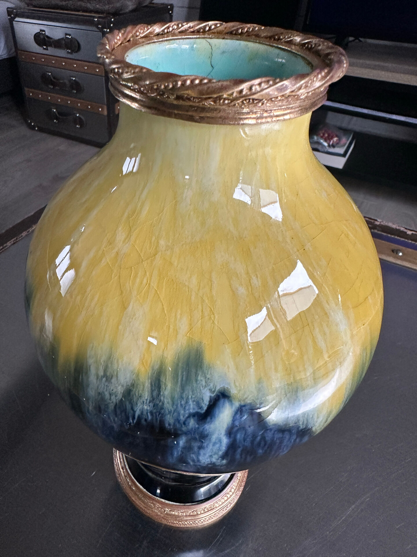 Art Deco vase in yellow and blue flamed earthenware - Shape 485, circa 1930