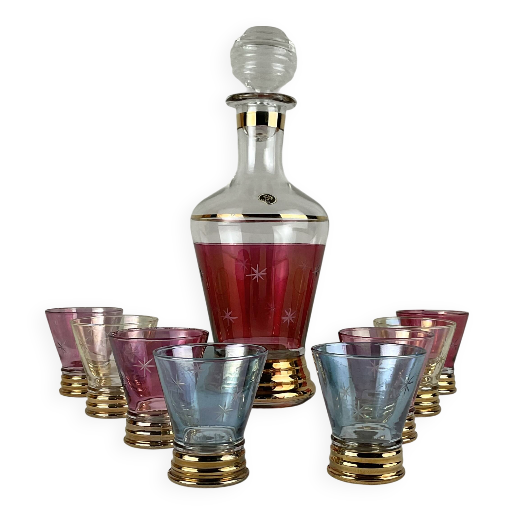 Vintage liqueur carafe and matching glasses Made in Italy