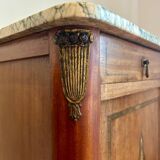 Antique bedside table in wood and marble – adorned with gilded brass ornaments –