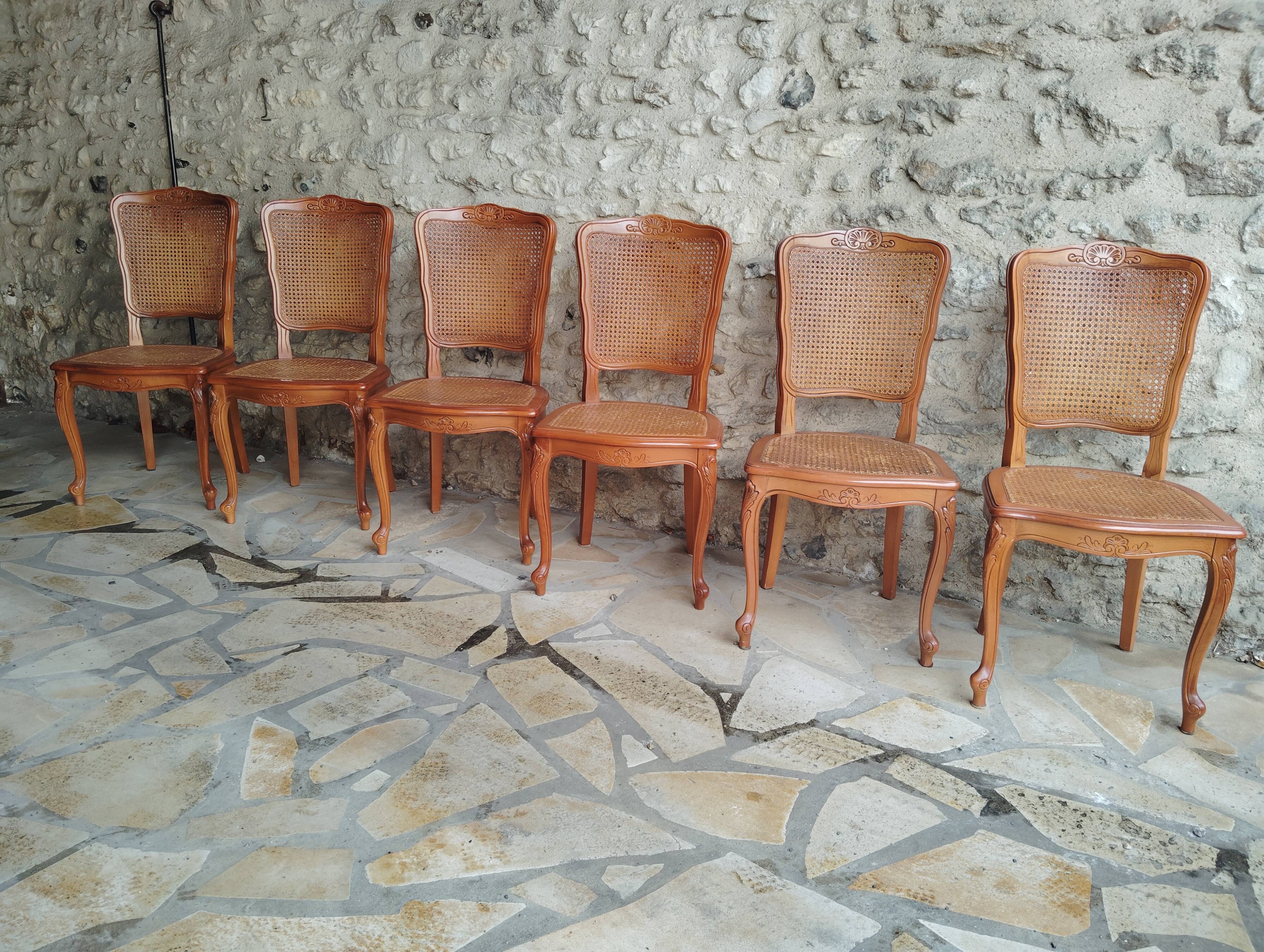 Set of 6 Louis XV chairs in wood and cane