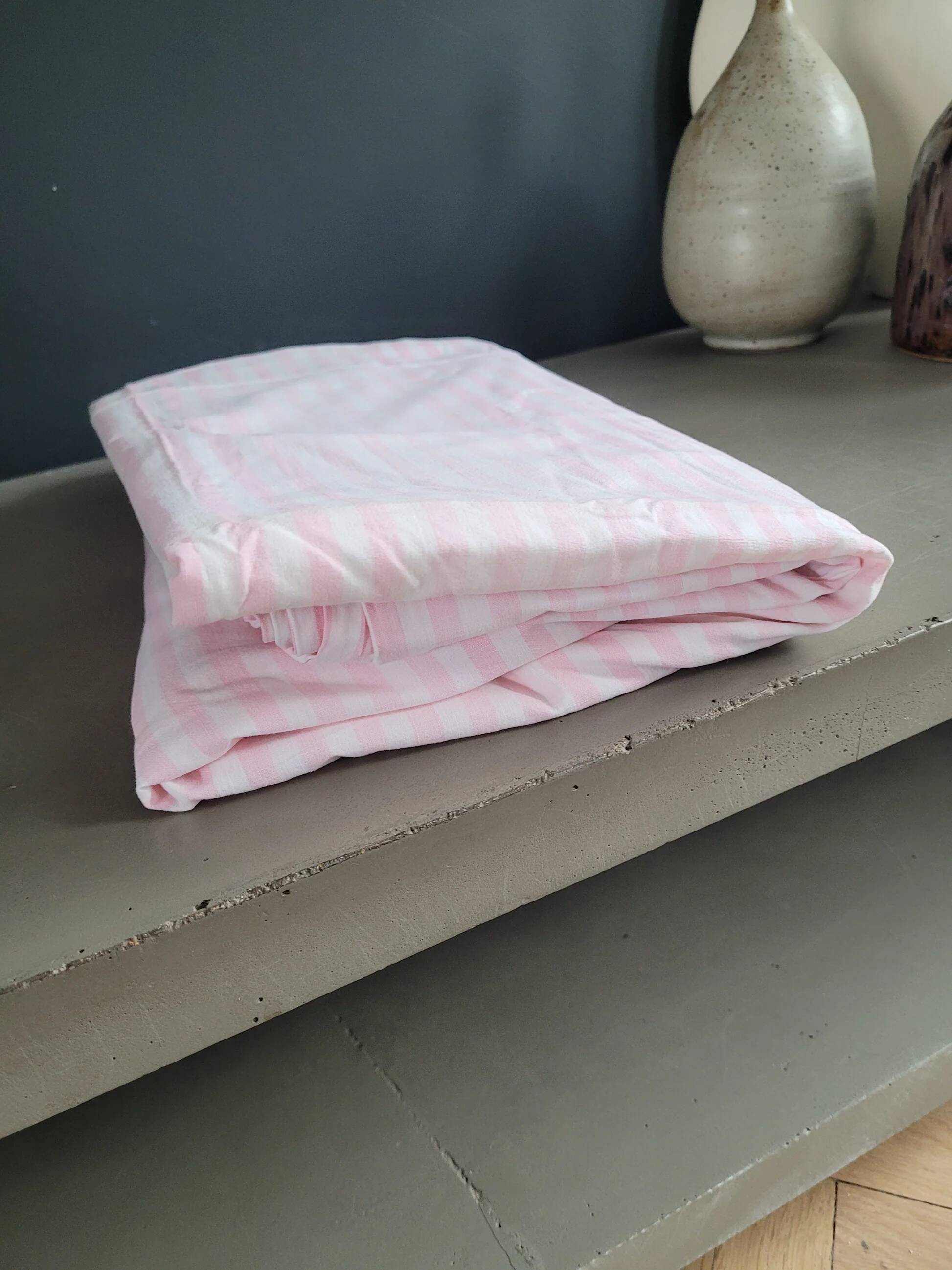Antique sheet, piece of fabric, 260x170cm, pink and white stripes