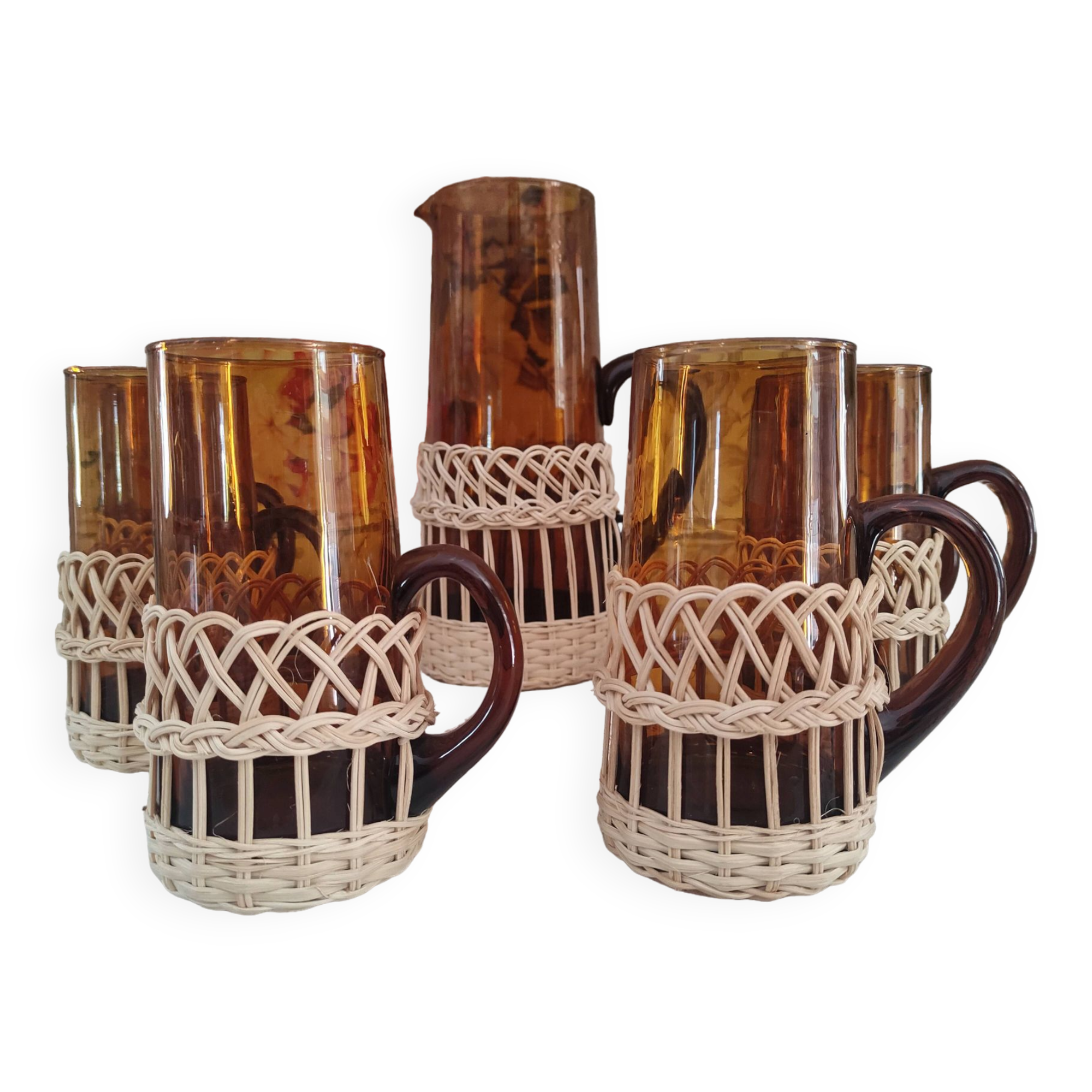 Service à citronnade 7 pièces vintage en verre ambré avec anse et contour en osier tressé