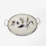 Round service tray in glass and metal vegetal decoration 1950