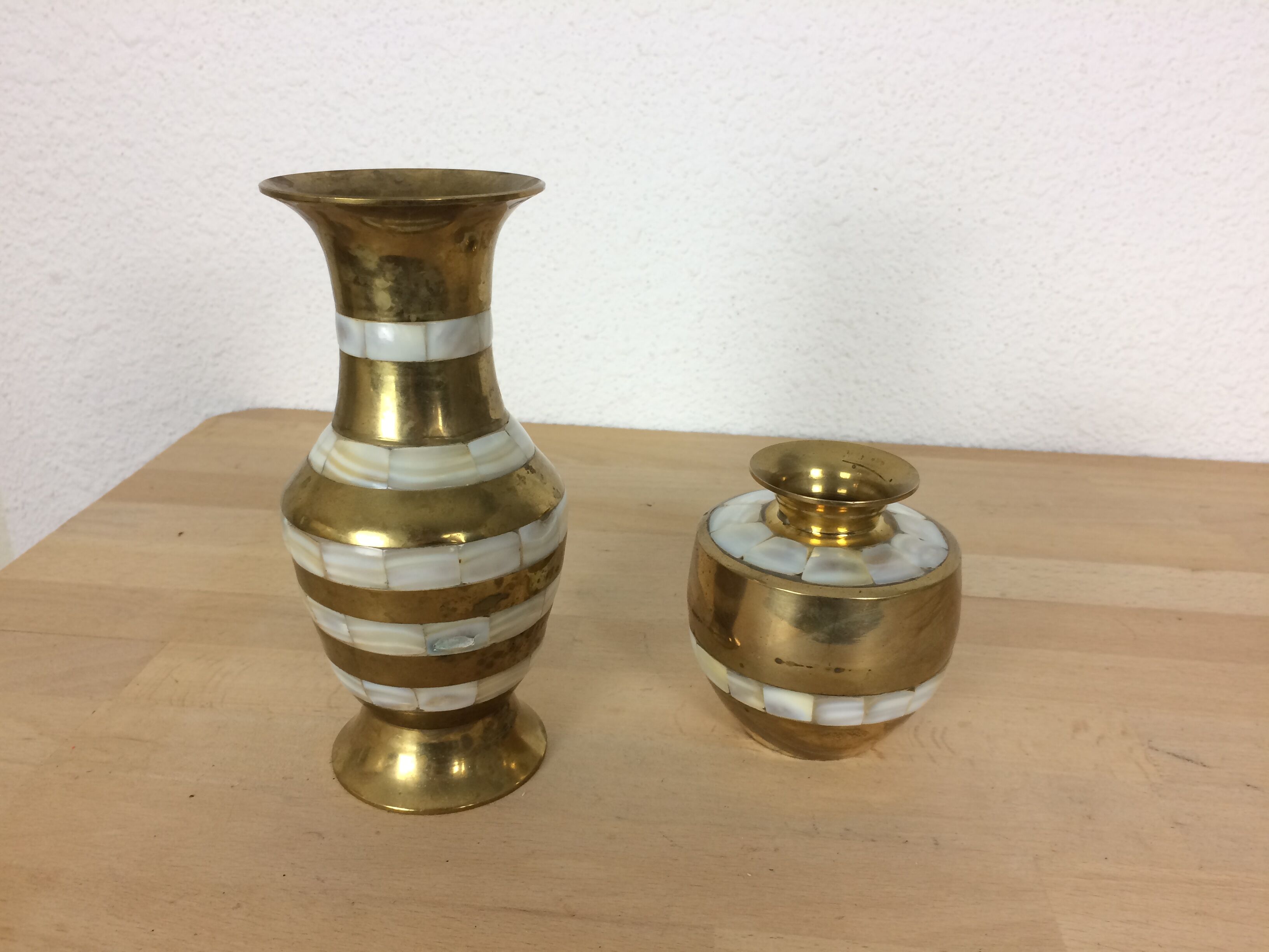 Duo of brass and mother-of-pearl vases