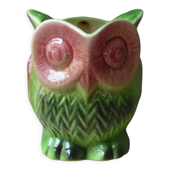 Pitcher Carafe or Owl Vase in Slip Faience de Sarreguemines Vintage