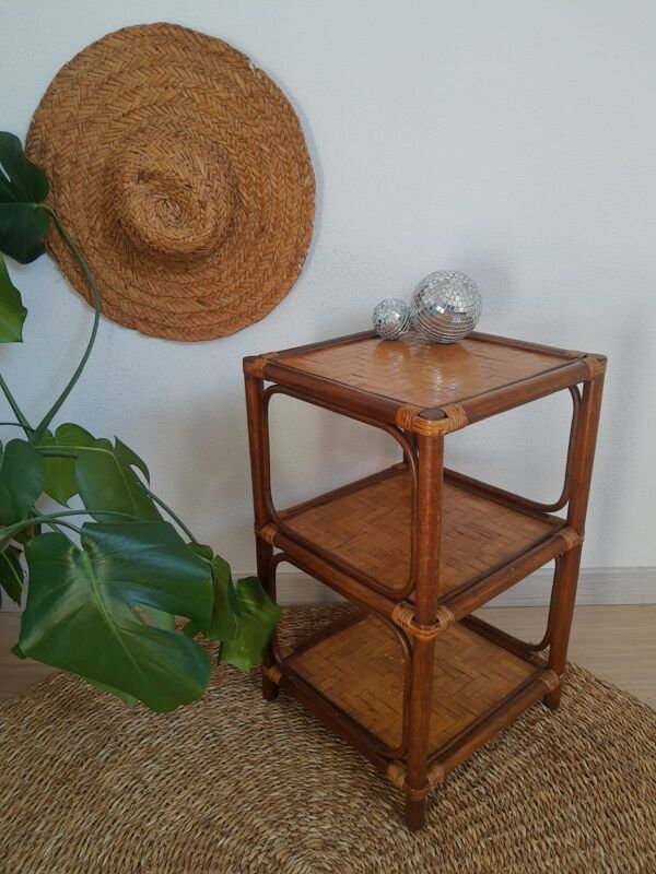 Etagère en rotin et bambou 3 niveaux années 70 vintage