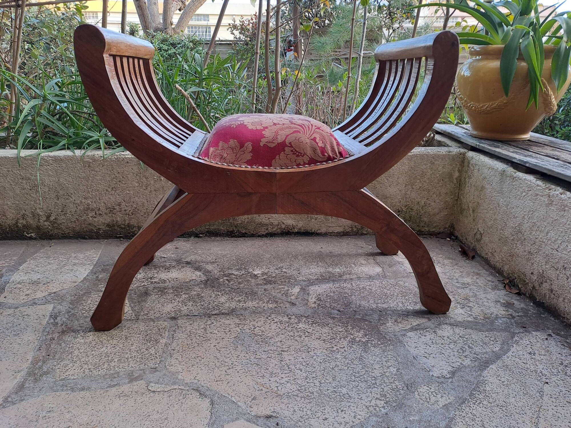 CURULE seat in antique Roman style, restored in teak wood and jacquard satin fabric