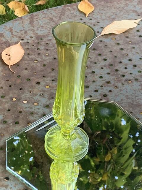 Anise green glass soliflore vase, diamond base pattern, vintage and designer