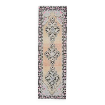 Vintage Turkish Hand-Knotted Wool Cotton Orange Runner Rug 92x307