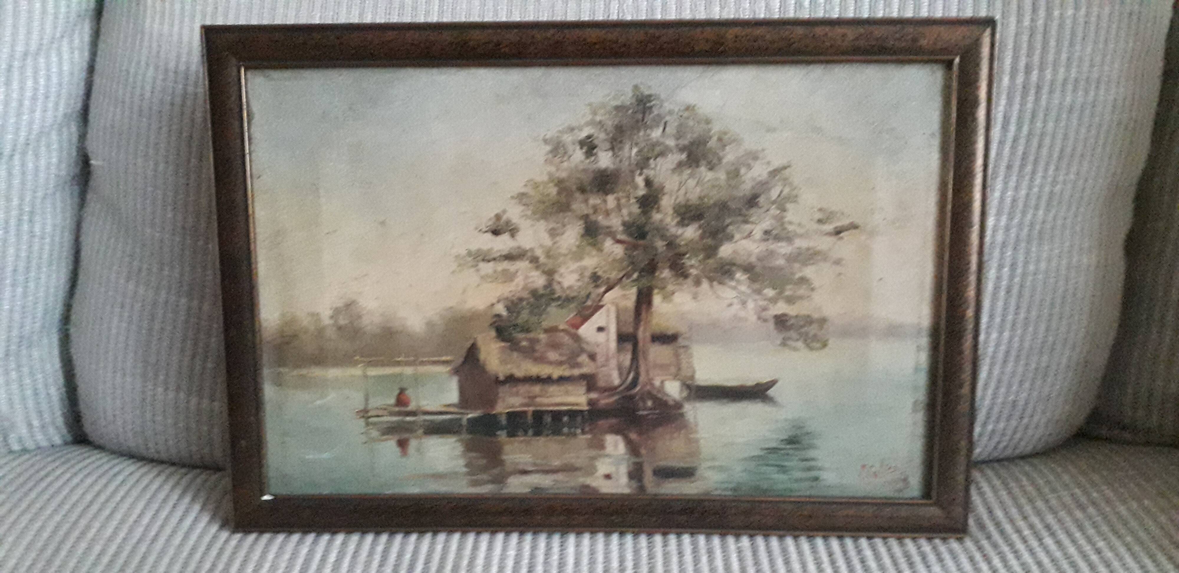 Old oil painting representing a landscape