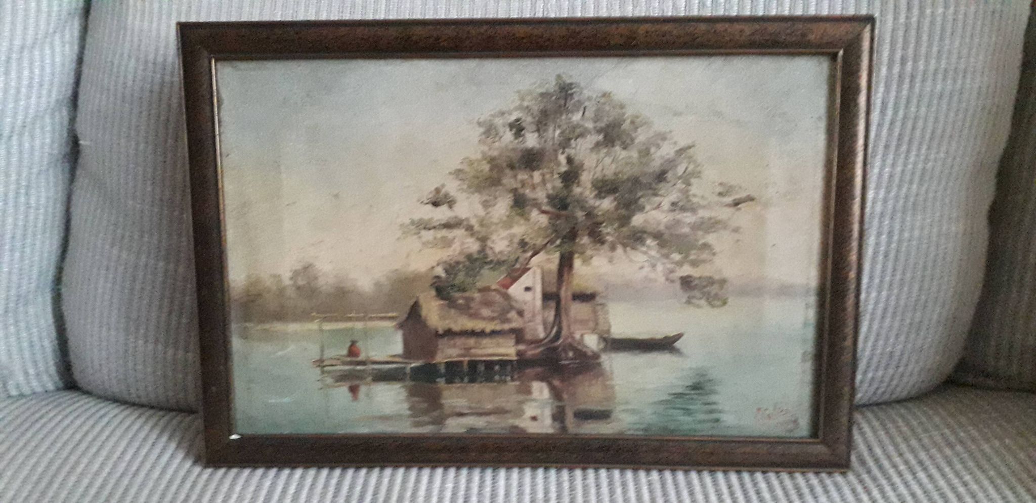 Old oil painting representing a landscape