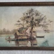 Old oil painting representing a landscape