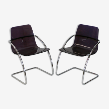 Paire de chaises de Yves Christin, acier tubulaire, plexiglas mauve. Ed. Airborne, France cira 1970