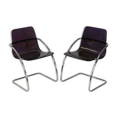 Paire de chaises de Yves Christin, acier tubulaire, plexiglas mauve. Ed. Airborne, France cira 1970