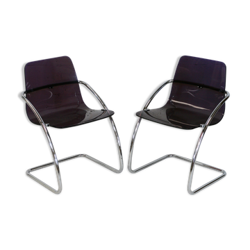 Pair of chairs by Yves Christin, tubular steel, purple plexiglass. Ed. Airborne, France cira 1970