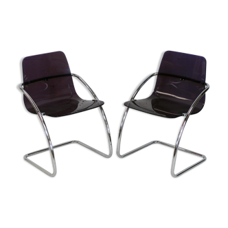 Pair of chairs by Yves Christin, tubular steel, purple plexiglass. Ed. Airborne, France cira 1970
